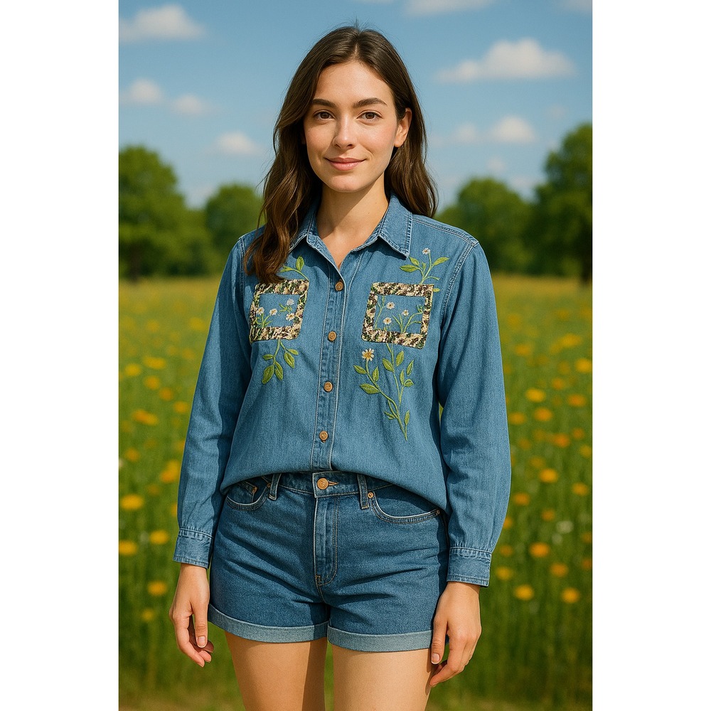 New Direction‎ Women's XL Embroidered Safari Animals Button Up Blue Denim India